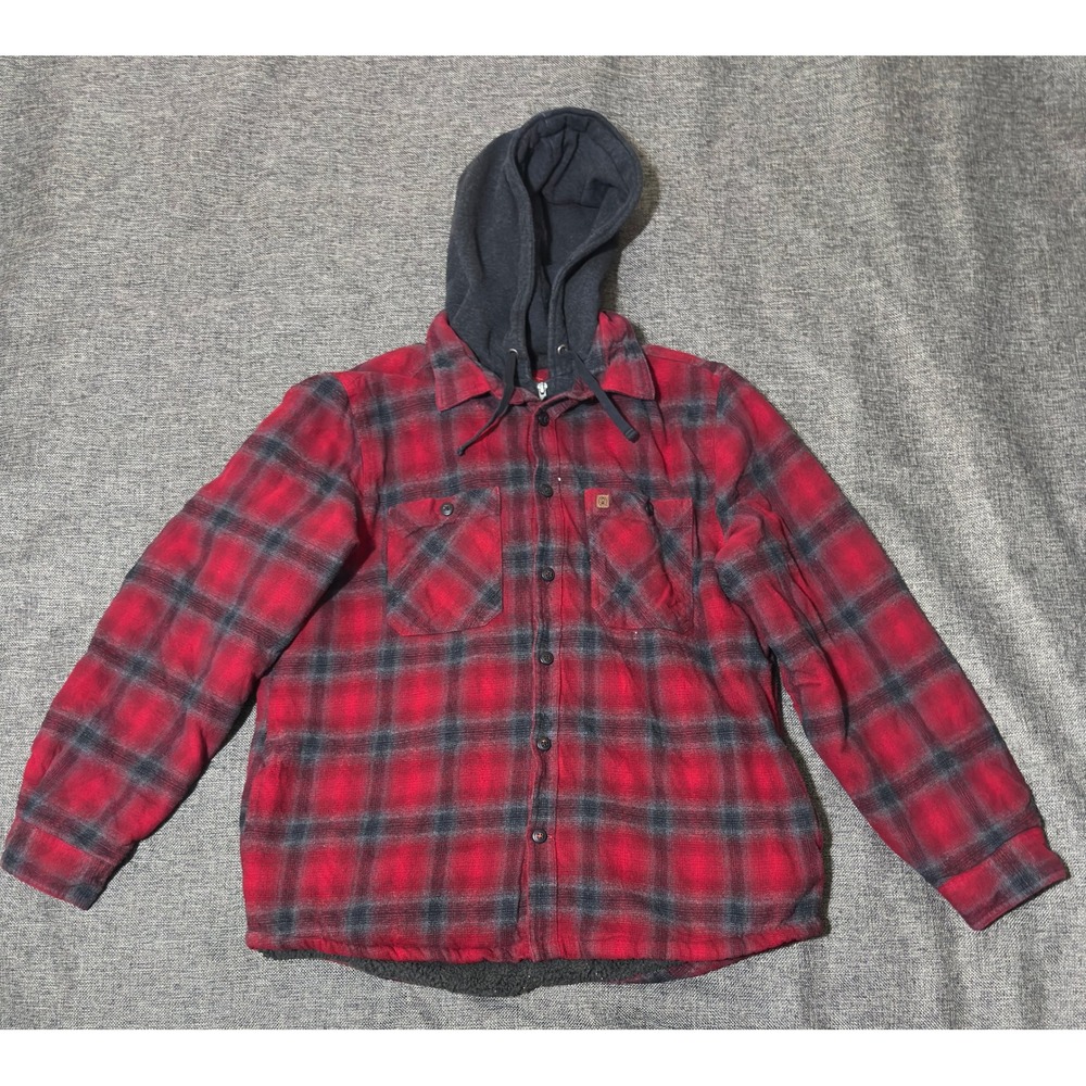 Coleman Mens XL Flannel Shirt Jacket Red Black Plaid Sherpa Lined Hooded Zip Up